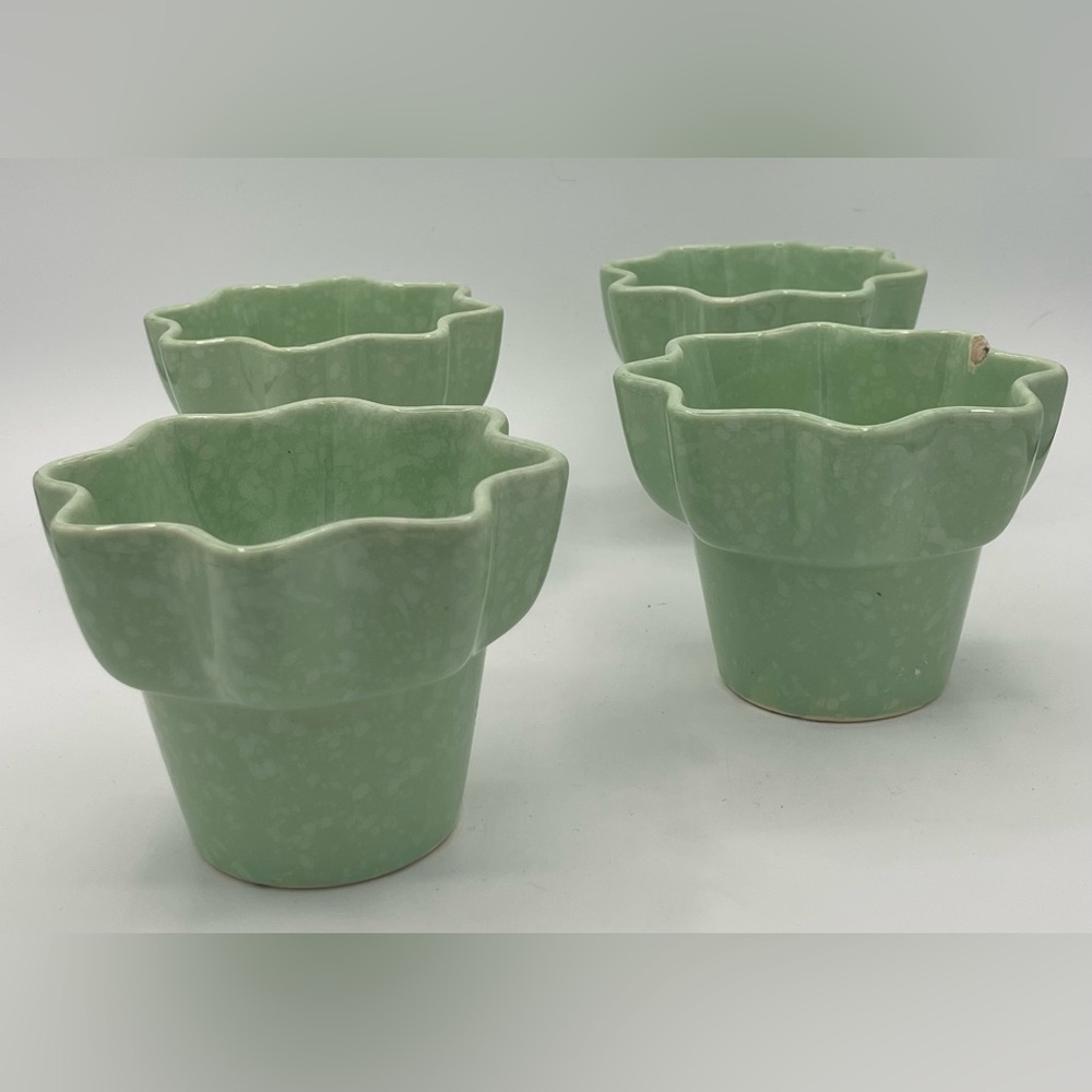 4 Vintage Hull Imperial USA Ruffled Flower Planter Pot Speckled Green 1960s MCM